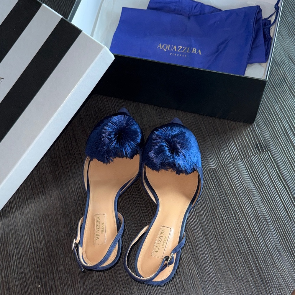 Aquazzura Navy Blue Heeled Sandals- powder puff sling 45